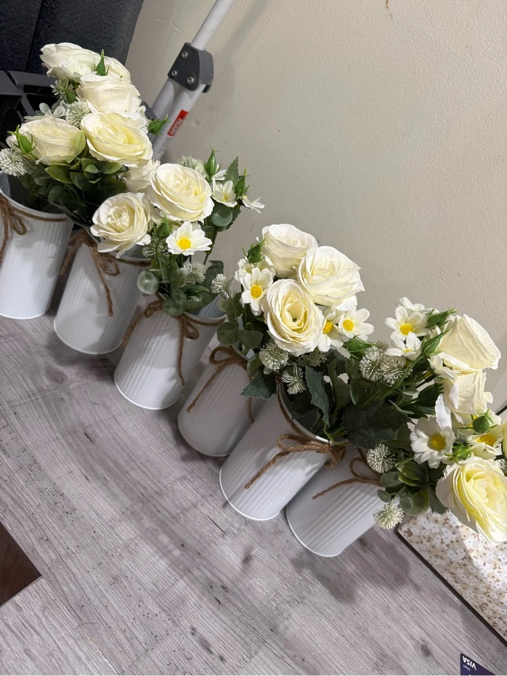 Cream Rose and White Daisy Faux Floral in White Ceramic Vase set of 12 piec